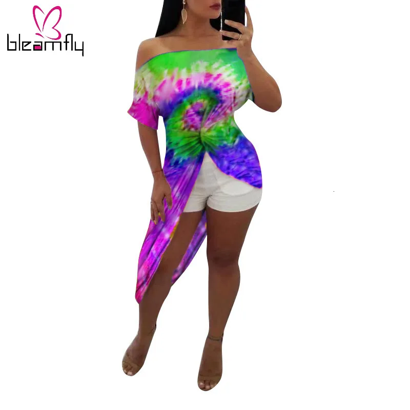 2019 женское платье с черными дырками и принтом Tie Dye открытыми плечами завязками до