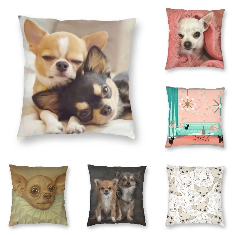 

Two Cute Chihuahua Puppies Photograph Cushion Cover Printing Dog Animal Pattern Floor Pillow Case for Sofa Custom Pillowcase