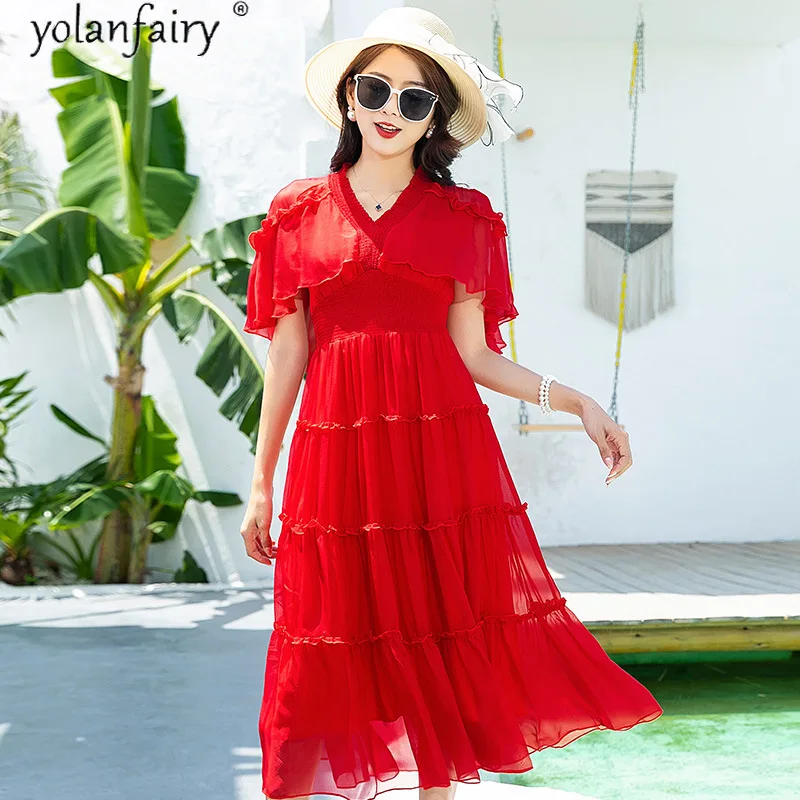 

Женское пляжное платье из натурального шелка, красное платье с коротким рукавом и V-образным вырезом в Корейском стиле, весна-лето 2021