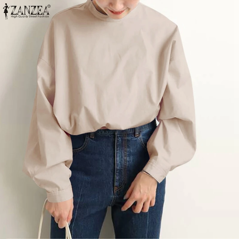 

Модные асимметричные топы ZANZEA, женские весенние блузки, повседневные блузы с пышными рукавами, Женская туника с круглым вырезом, однотонный...