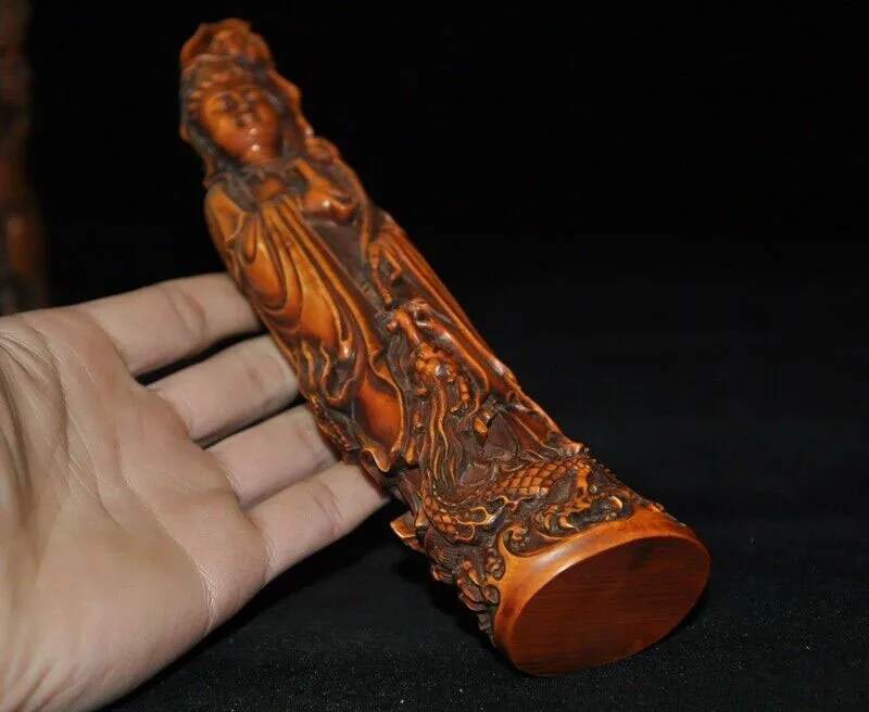 

wedding decoration 9" China Boxwood wood carving Buddhism lotus Kwan-yin Guanyin Bodhisattva statue