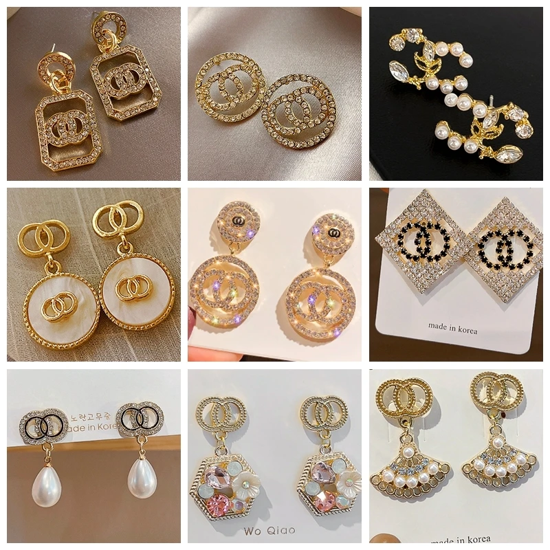 

New gold-plated fashion luxury rhinestone pendant C earring for women 2021 Bijoux double C-shaped pendant earrings party jewelry
