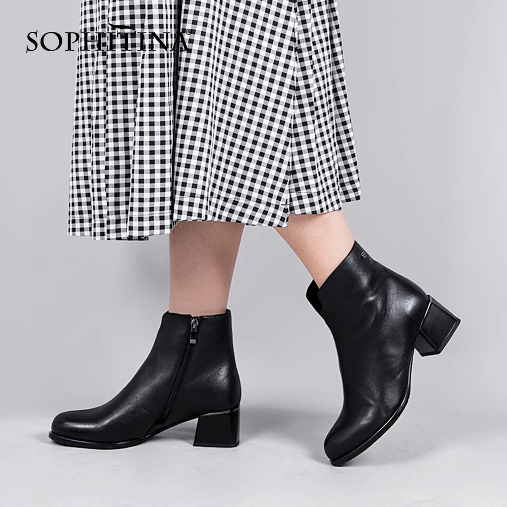 

SOPHITINA Ankle Boots For Women Spring Autumn Short Plush Commuter Work Shoes Zipper Thick Heel Soft Leather Female Shoes K171