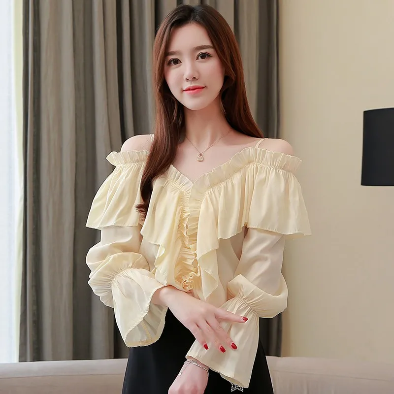 

Summer Chiffon Shirt Women Korean Style Off Shoulder Sexy Blouse Chic Female Floral Sweet Tops