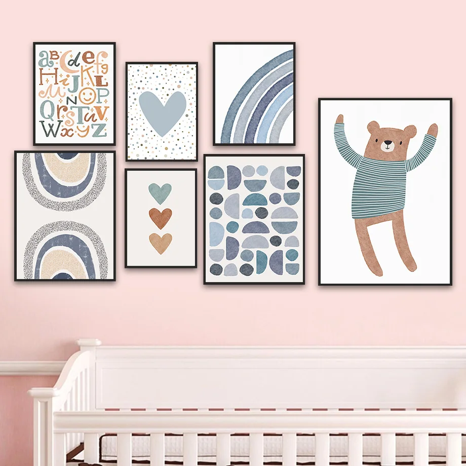 

Rainbow Heart Bear Alphabet Boho Wall Art Canvas Painting Nordic Posters And Prints Wall Pictures Baby Bedroom Child Room Decor
