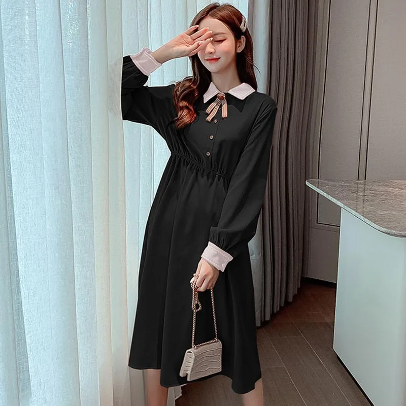 

One-Piece 2020 Korean Style Spring Autumn Chic Dress French Casual Temperament Slim Waist Dress Turn-Down Collar Elegant Dresses