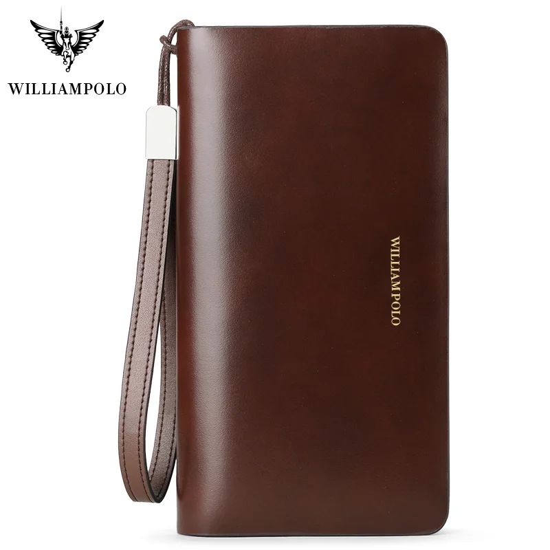 Brown Модный Универсальный Мужской кошелек от бренда WilliamPOLO из натуральной воловьей кожи, длинный чехол для телефона с отделением для карт, браслет из воловьей кожи, новинка, на молнии - Цвет: Brown