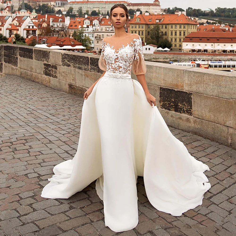 

Elegant Princess Wedding Dresses A-Line Robe De Mariée Detachable Tail Ivory Lace Appliques Half Sleeves Bridal Gowns 2021