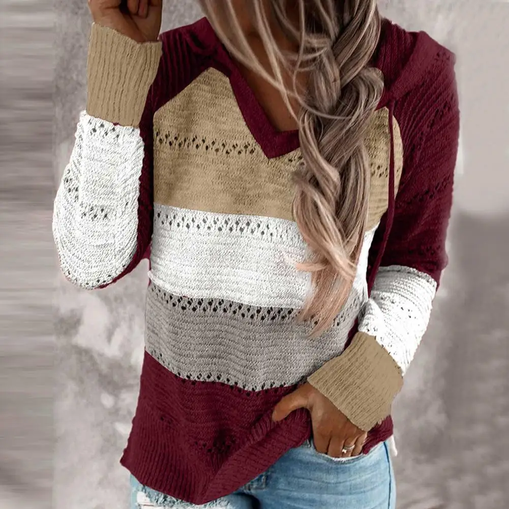 

Stylish Casual Women Autumn Cotton Blend Long Sleeve Stripe Patchwork Knitted Pullover Hooded Sweater