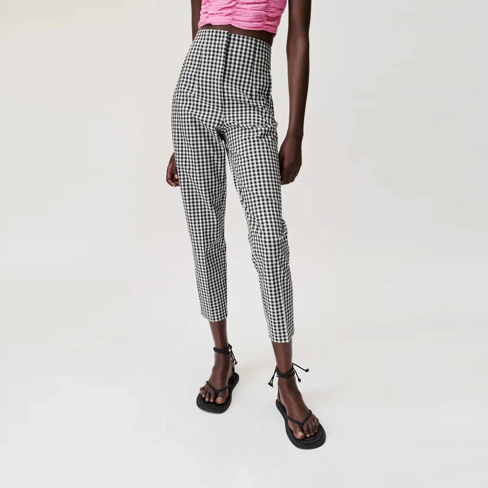 Брюки женские клетчатые с завышенной талией летние | Женская одежда