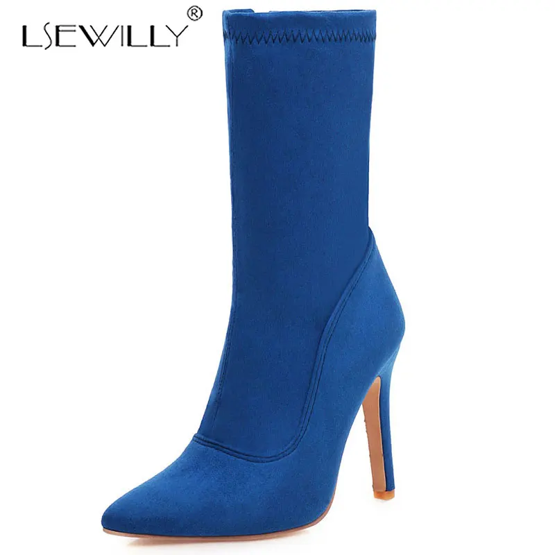 

Lsewilly Plus Size 32-48 New Fashion INS Hot Flock Boots Ladies Thin High Heels Shoes Woman Pointed Toe Party Sexy Brand Boots