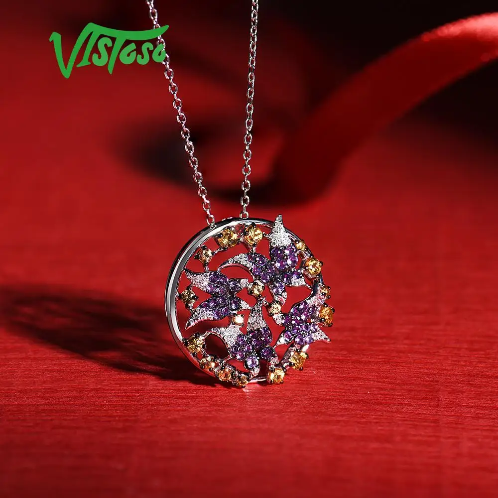 

VISTOSO 14K 585 White Gold Pendant For Women Shiny Diamond Amethyst Yellow Sapphire Butterfly Pendant Anniversary Fine Jewelry