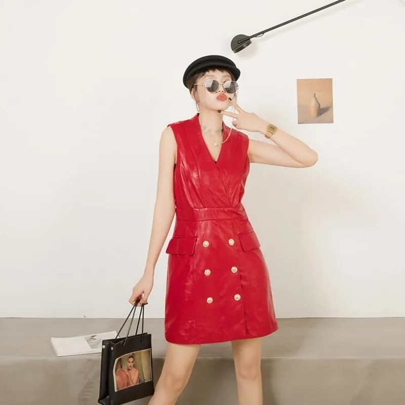 Горячее предложение сексуальное женское двубортное платье из натуральной кожи с