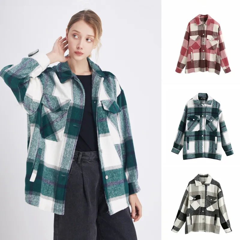 

Vintage Stylish Pockets Oversized Plaid Jacket Coat Women 2021 Fashion Lapel Collar Long Sleeve Loose Outerwear Chic Tops