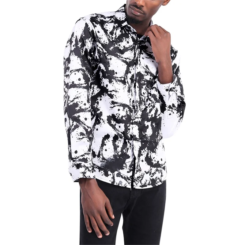 

Рубашка мужская с длинным рукавом, Повседневная модная однобортная сорочка из полиэстера, с 3D рисунком черных и белых чернил, европейские р...