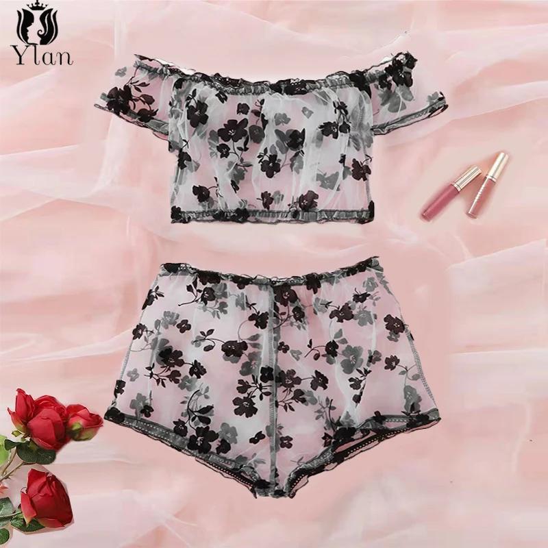 

Floral Mesh Lingerie Set Women Off Shoulder Sexy Bra Set See Through Full Cup Bralette+Panty New Strapless Female Underwear Set