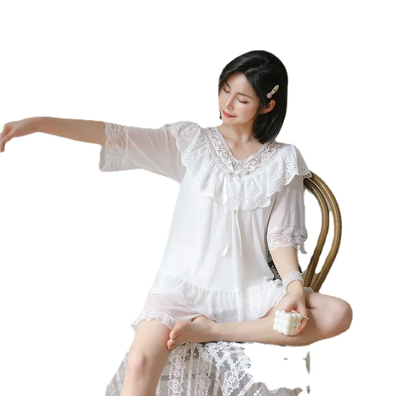 New palace lace pajamas summer fairy suit lace short sleeve shorts mesh nightwear housewear Female sleepwear lounge wear