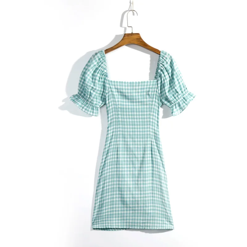 

Summer Women's Casual Plaid Square Collar Short Sleeve Slim Dress