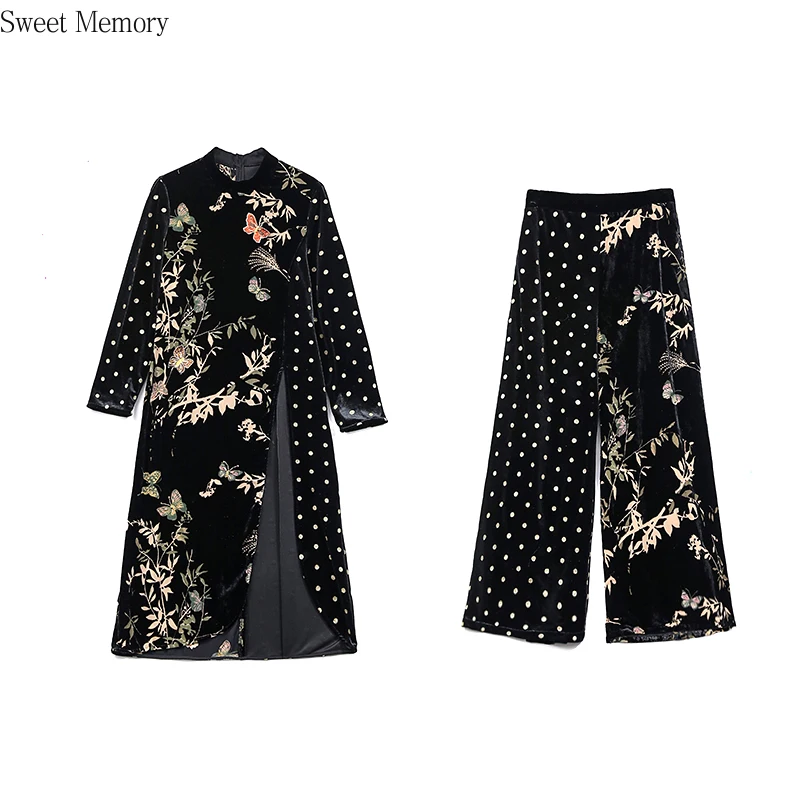 

2021 Sweet Memory Spring Autumn Women Long Print Dot Velvet Tops+wide-legged Pants Suits Female Luxury Plus Size Two-piece Sets
