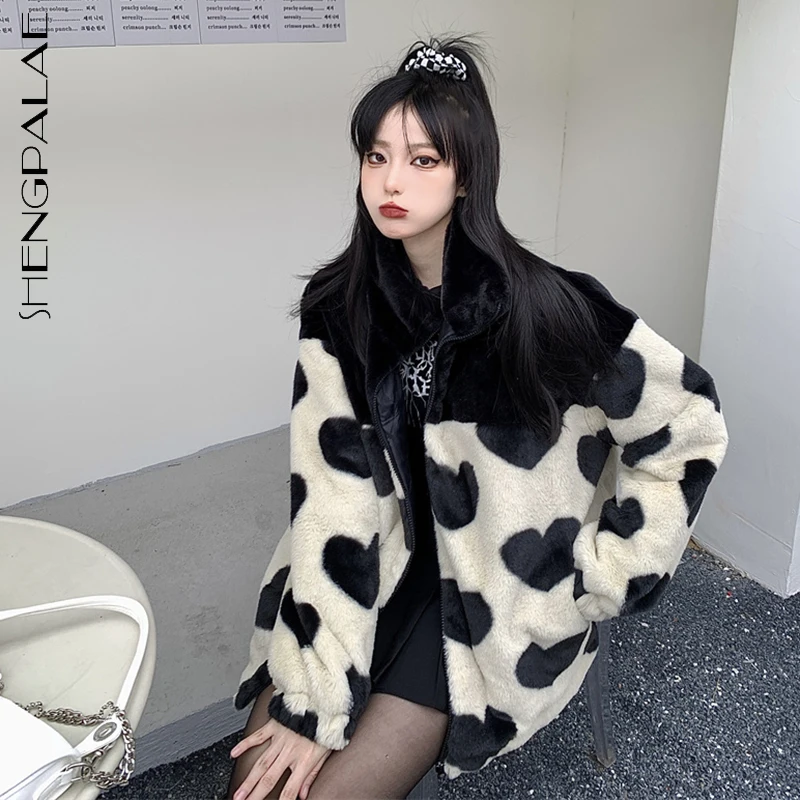 

Женская куртка с хлопковой подкладкой SHENGPALAE Harajuku контрастного цвета, новинка зимы 2021, Свободное пальто с длинными рукавами и воротником-сто...