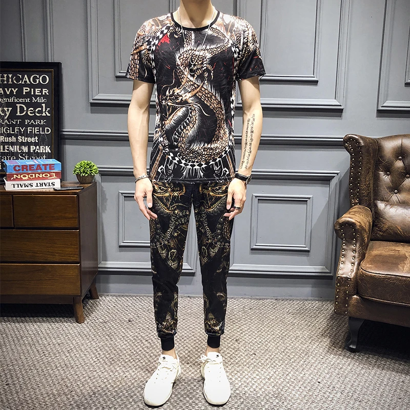 

Мужской спортивный костюм, футболка и штаны в китайском стиле, Повседневный, с модным принтом, размеры 7XL, 2019
