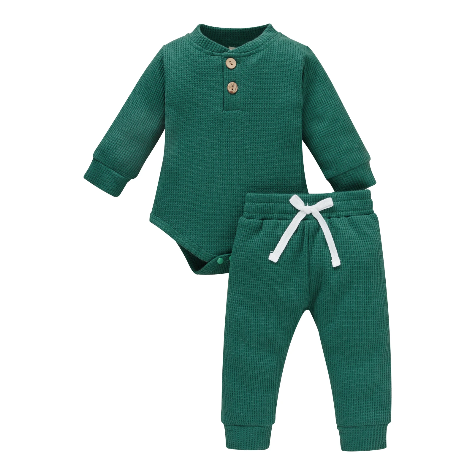 

2021 Two Piece Baby\u2019s Clothes Fashion Solid Color Waffle Button Long Sleeve Romper and Tie-up Trousers