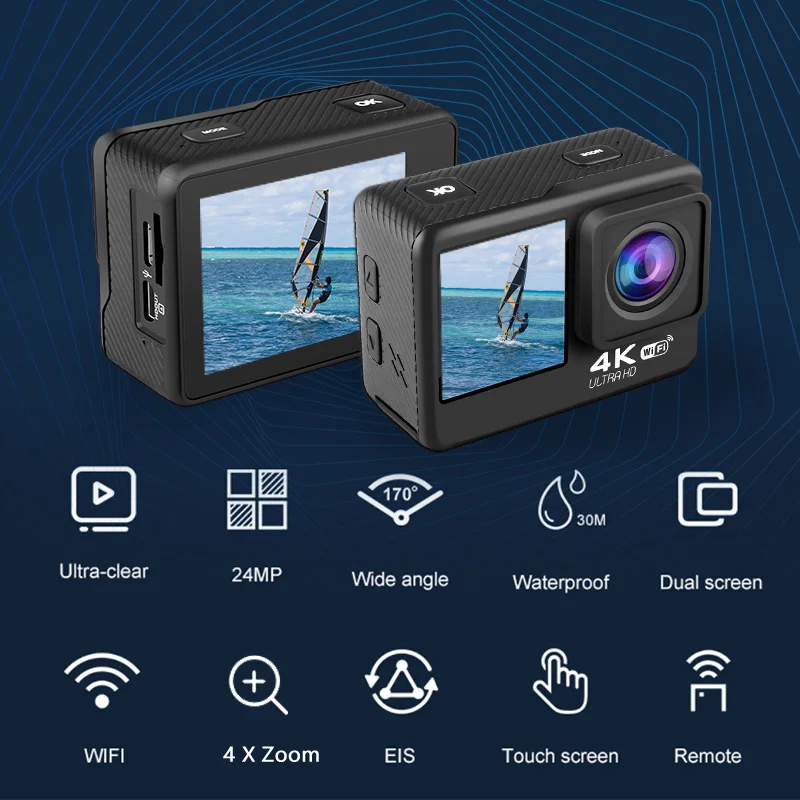 للبيع H11 عمل كاميرا 4K 60FPS 24MP 2.0 تعمل باللمس LCD شاشة مزدوجة واي فاي مقاوم للماء التحكم عن بعد 4X التكبير جاء