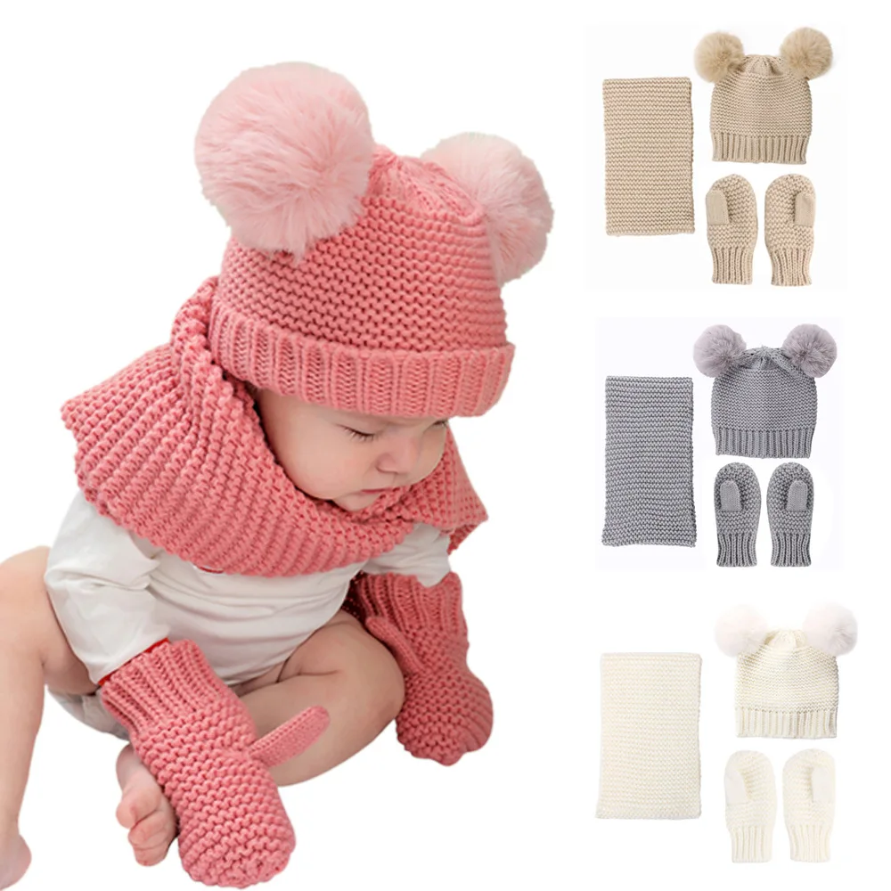 

3Pcs Winter Baby Hat Set Scarf Glove for Boy Girl Baby Kids Girl Knitted Beanies Caps Cute Pompom Kids Children Beanie Scarves