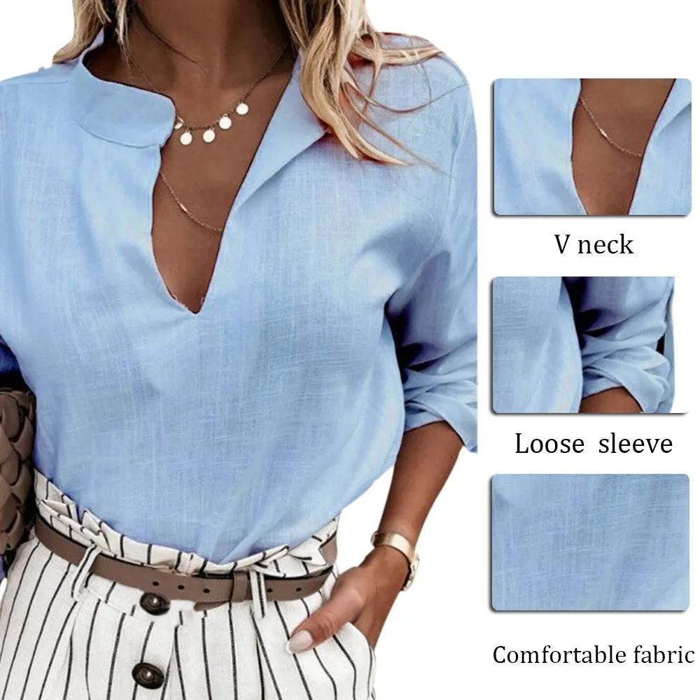

Womens Blouses Spring Autumn Tops Leisure White Shirts V Neck Blouses Tops Loose Long Sleeve Oversized Shirt Blusas
