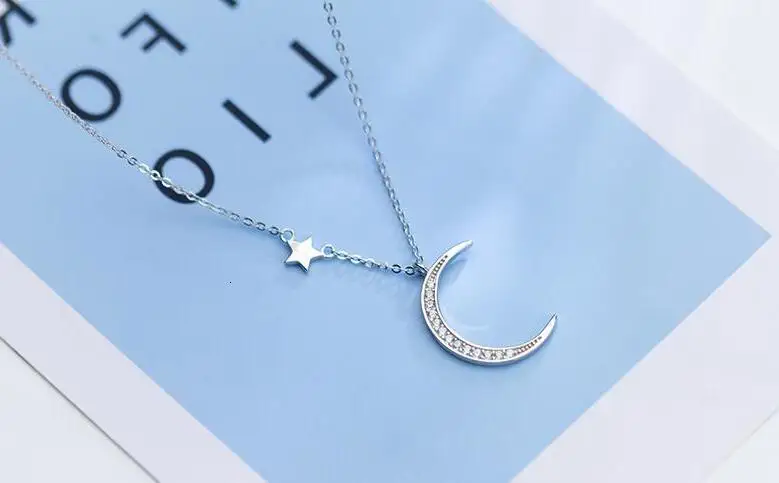 

100% Authentic REAL. 925 Sterling Silver FINE Jewelry white cz zirconia set Big Crescent Moon Star Necklace pendant giftGTLx1685