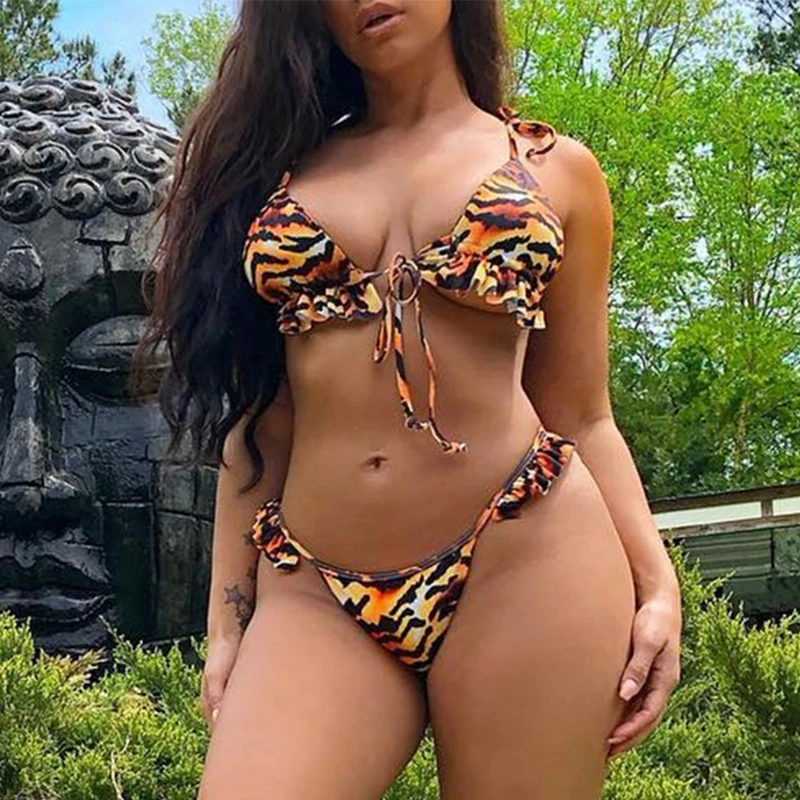 Сексуальное платье с оборками принтом в виде тигра купальник женский
