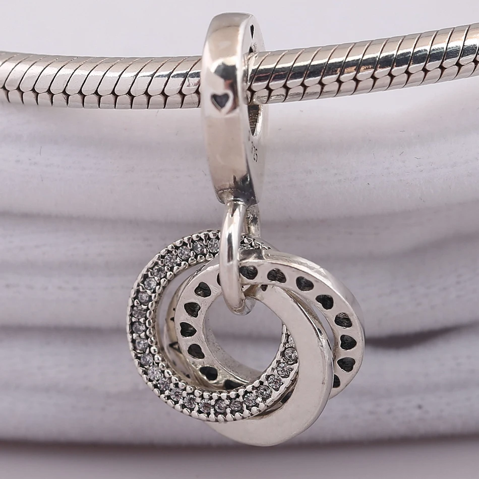 

Authentic S925 Silver Interlocking Circle Openwork Heart With Crystal Pendant Charm for Women Bracelet Bangle Jewelry