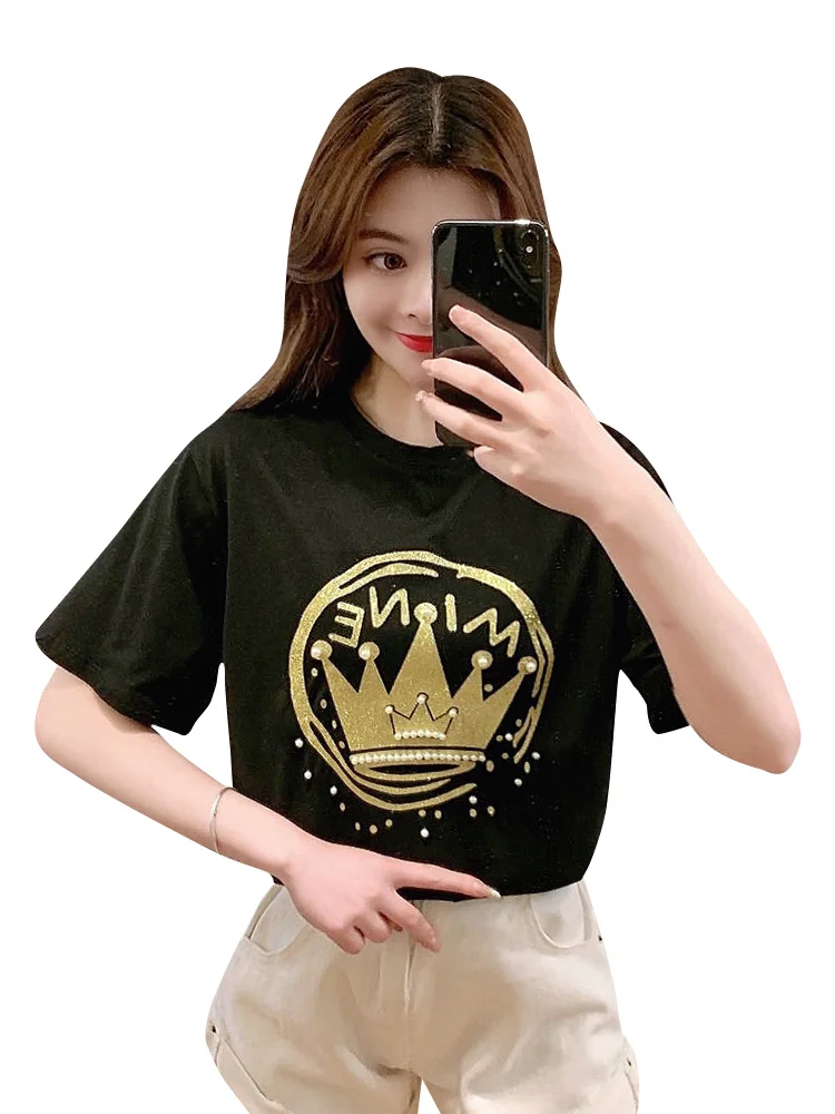 

2021summer Korean New Fashion Loose and Slimming Heavy Industry Pearl Top Temperament Wild Short-Sleeved T-shirt for Women