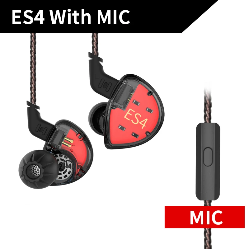Black Mic KZ ES4 наушники гибридные технологии единиц 1DD+ 1BA гарнитура в ухо Мониторы наушники HiFi бас шумоподавления наушники - Цвет: Black Mic