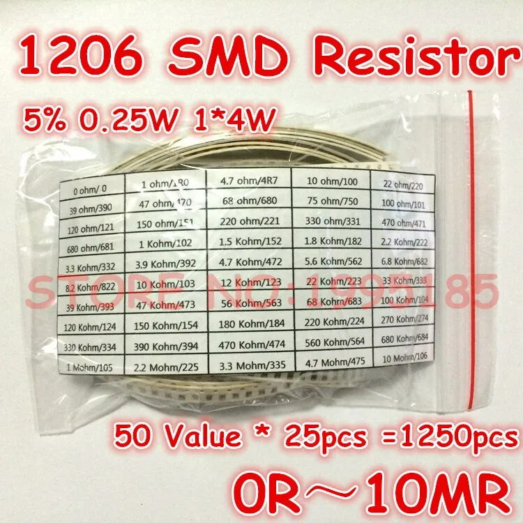 1250 шт. 1206 SMD Резистор Комплект (0R ~ 10MR) 5% 1/4W 0 25 W 50 значение * шт = 3 2*1 6 мм|Детали и
