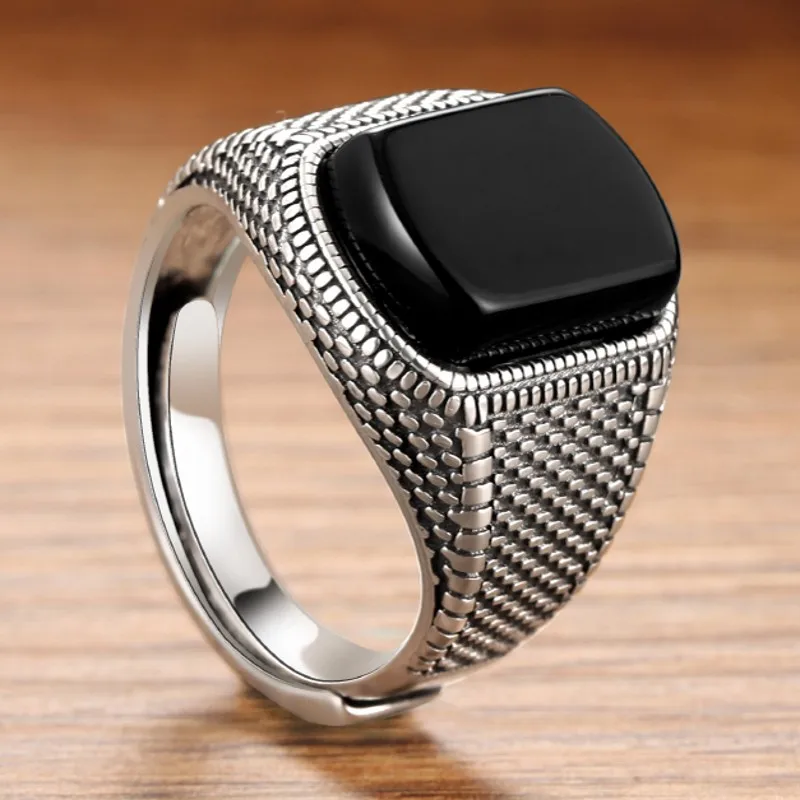 

2023 New Real S925 Pure Silver Jewelry Accessories Vintage Index Black Agate Open Fashionable Men Ring Holiday Gifts