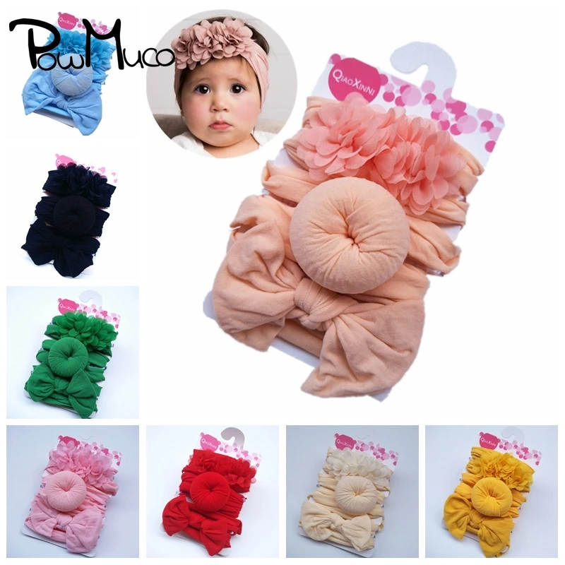 

Powmuco 3pcs/lot Fashion Handmade Bowknot Nylon Headband Solid Color Donut Elastic Baby Hairband Flower Headwear Birthday Gifts