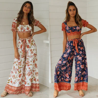 

Летний женский сексуальный богемный короткий топ с коротким рукавом Свободные Брюки с кружевным бантом Повседневный Женский комплект из д...