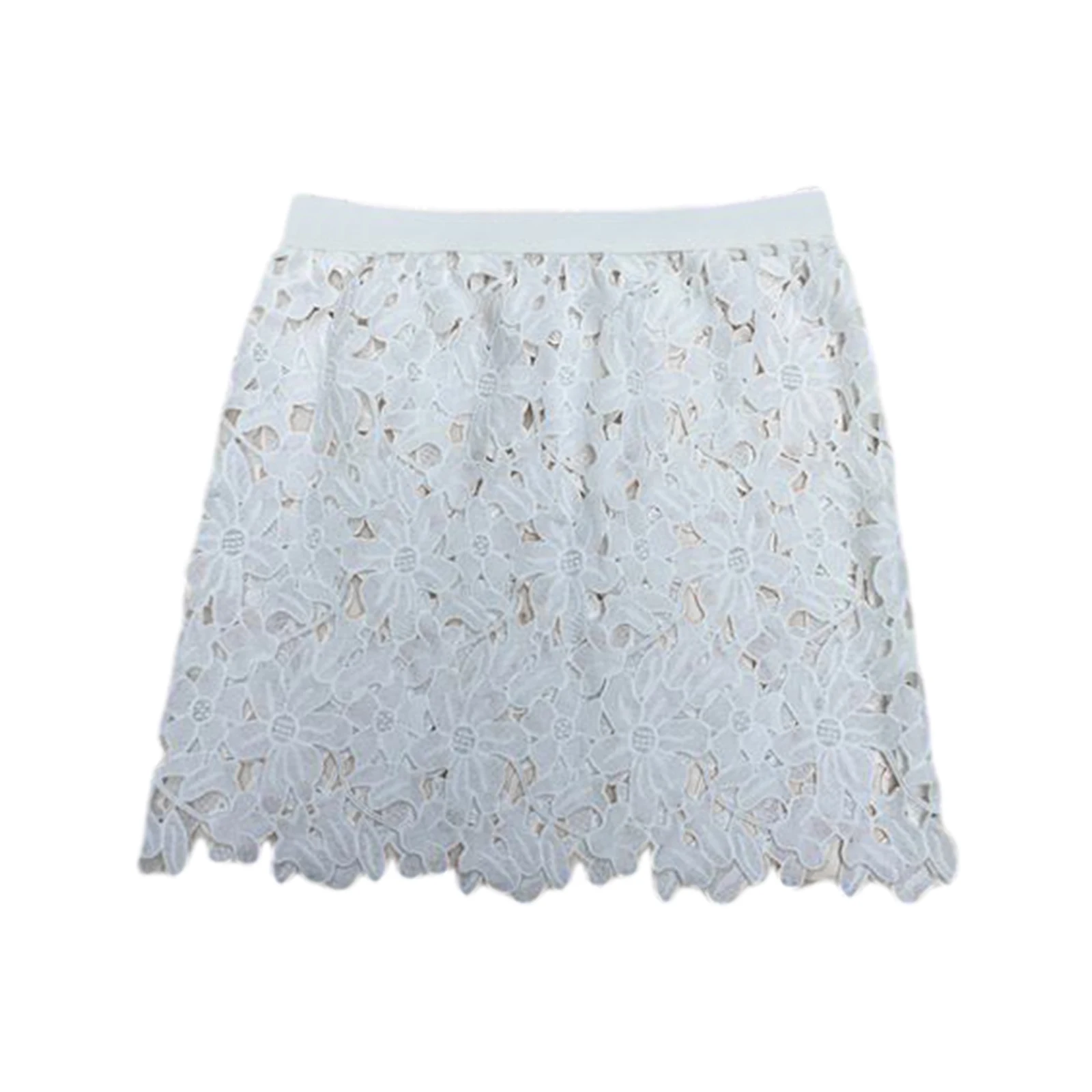 

Sexy Summer Women Half Slip Mini Skirts Casual Elastic Waist Semi-sheer Floral Lace Solid Color Crochet Underskirts