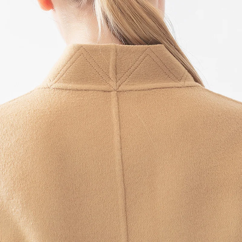 

VOA Light Camel Color 14.75 Micron Fine Cashmere V Small Collar Single-Breasted Long Sleeve Double Sided Cashmere Coat S792