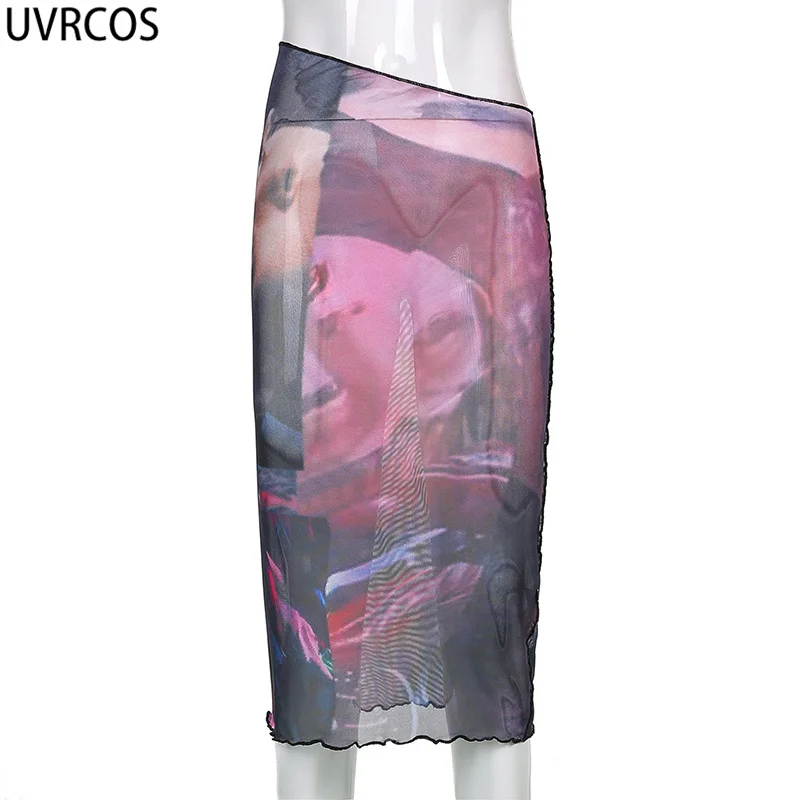 

UVRCOS Gothic Dress Summer Mesh See Through Sexy print Ruffle Patchwork Bodycon Dresses Fashion Midnight Club Outfits For Womens