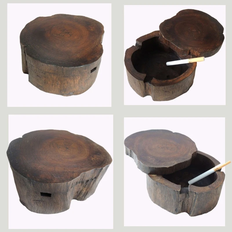 

Vintage Natural Wood Carving Ashtray with Lid Detachable Simple Design Decorate