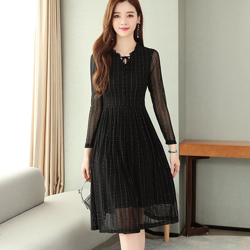 Женское Сетчатое платье с длинными рукавами и оборками | Женская одежда