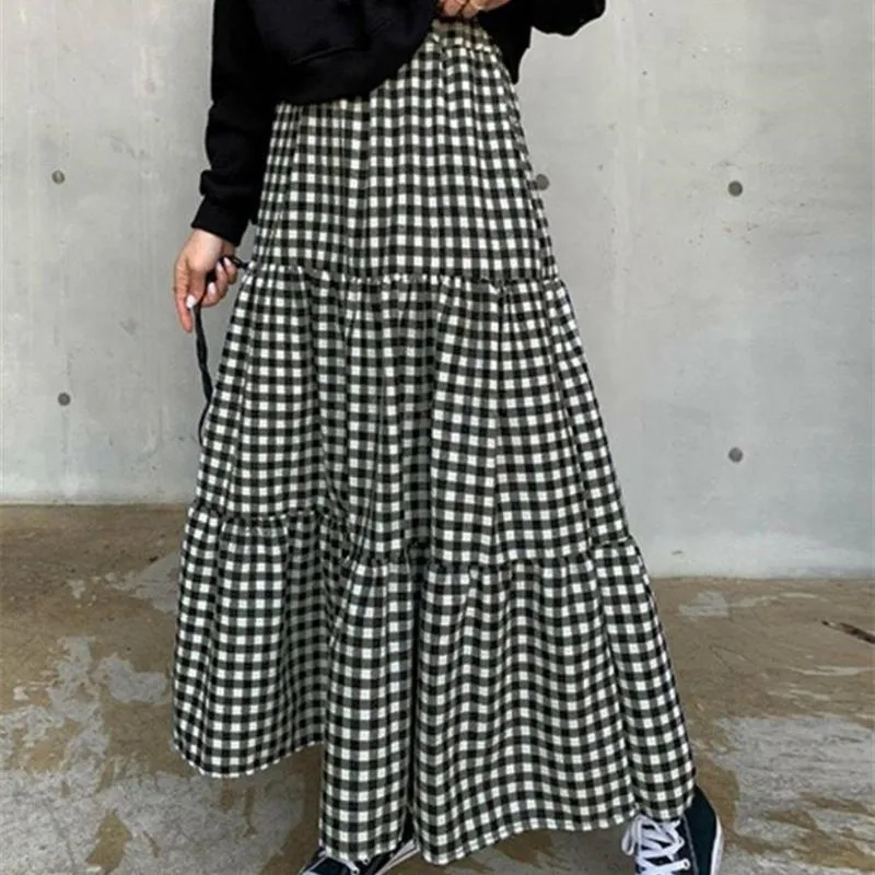 

KUSAHIKI Korea Chic Korean Plaid Woman Skirts High Waist A-line Patchwork Ruffle Skirt Causal 2021 Sprign New Faldas Mujer 6G217
