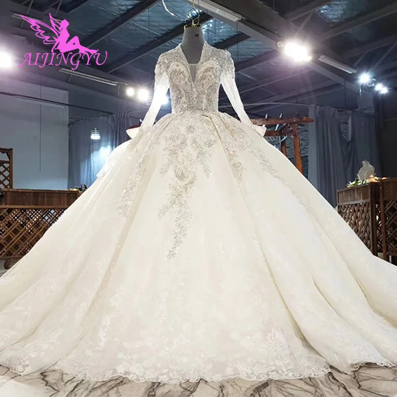 

AIJINGYU Dresses Saudi Arabia Gowns Lustrous Satin Cheap Near Me Lace Ball Gown Dubai Wedding Dress New 2021