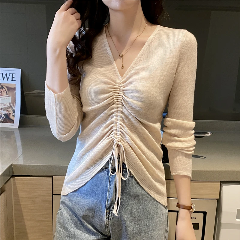 

New Korean drawstring Top in autumn and winter 2020, V-Neck long sleeve shows thin, versatile Pullover Sweater for women