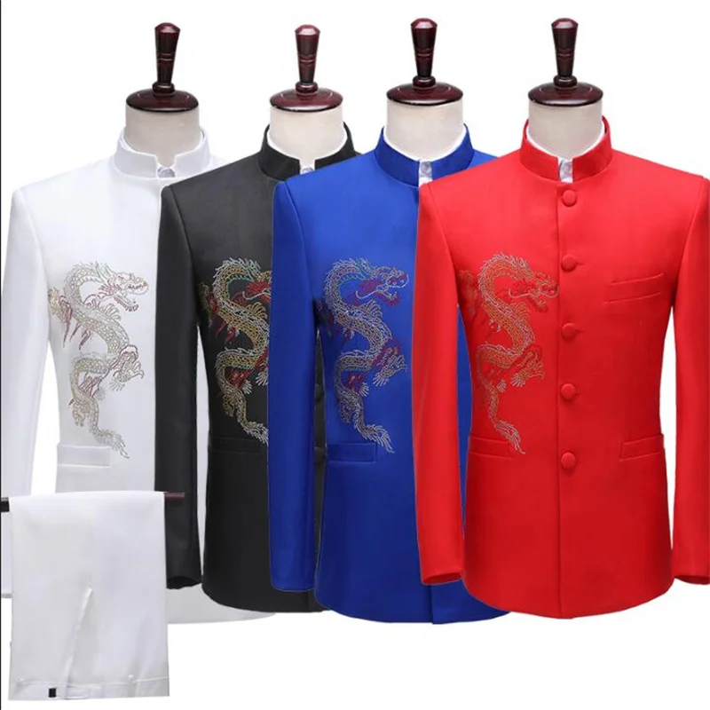 Blazer men Chinese tunic suit set with pants mens embroidery dragon suits costume singer star stage clothing formal dress white