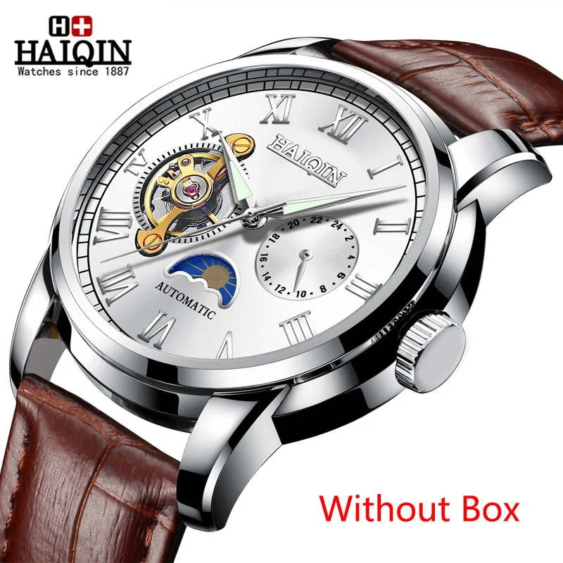 Silver White No Box HAIQIN водонепроницаемые мужские часы с скелетом из нержавеющей стали, роскошные брендовые прозрачные механические Спортивные мужские наручные часы - Цвет: Silver White No Box