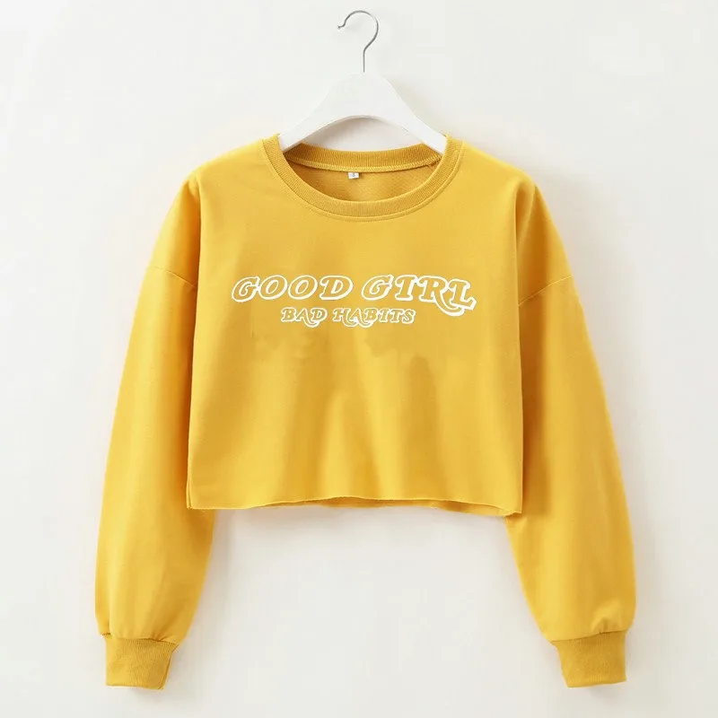 Black Crop Top Long Sleeve Short Sweatshirt for Women 2019 Winter Autumn Yellow Tops Good Girl Bad Habits Letter Cropped Moletom |