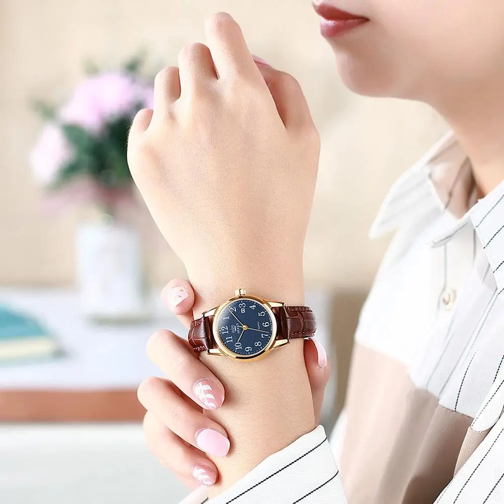 OLEVS Womens Quartz Watch Top Brand Fashion Watches Casual Luxury Dress Genuine Brown Leather Waterproof Wristwatch for Lady enlarge